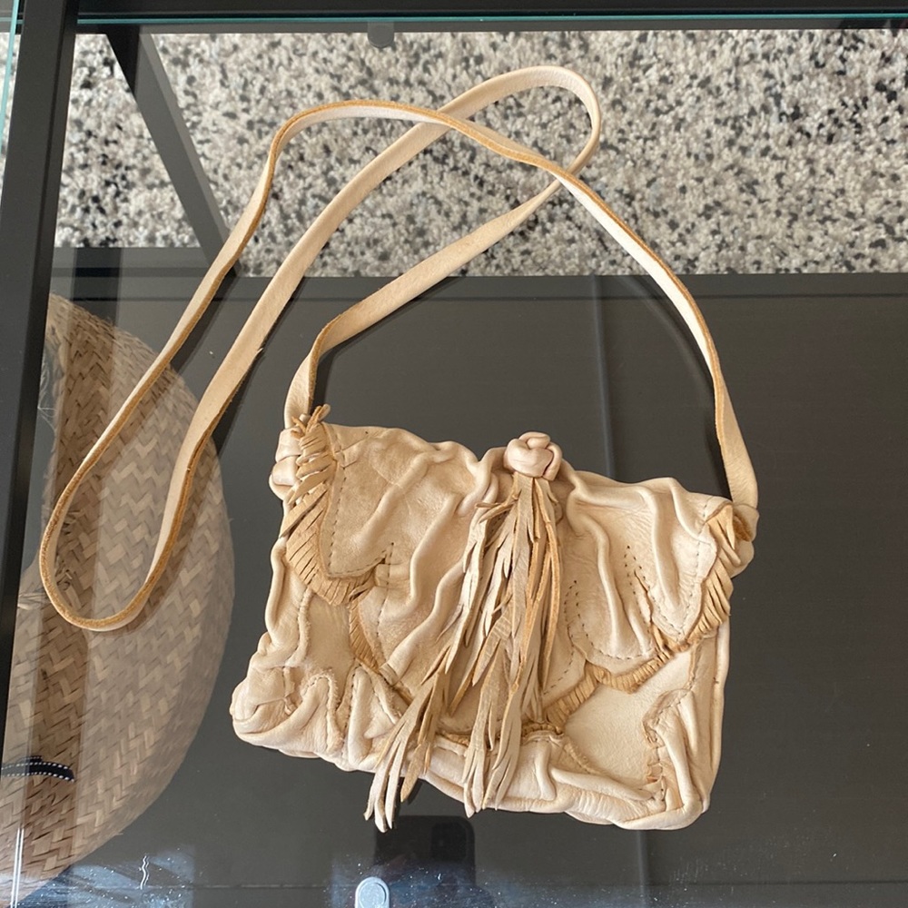 Handmade cream fringed leather festival boho mini bag